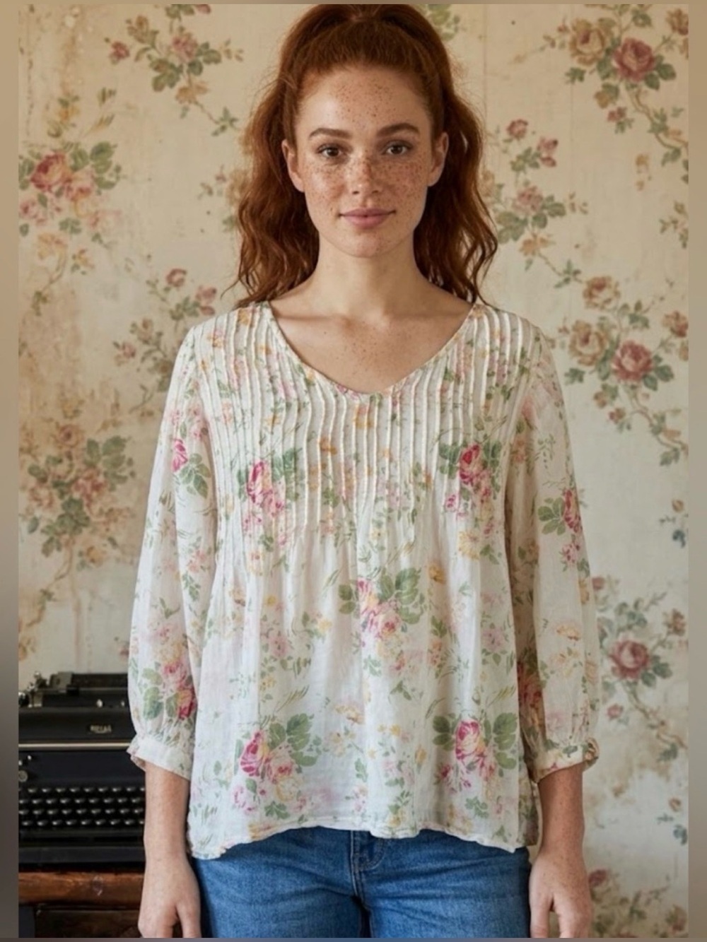 Dolma Alya Cotton Floral Pintuck V-Neck Blouse Top Bohemian Cottagecore Feminine